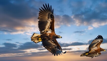 A couple of golden eagles soaring together in the sky.