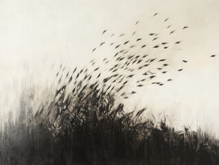 Obraz premium Abstract Art of Birds in Motion Over Grassland: Minimalist Black and White Oil Painting