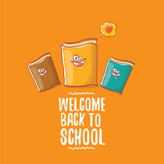 Back to school banner or poster with cartoon funky book and hand drawn doodle text label on orange backgrtound. Vector back to school background with cartoon school supplies