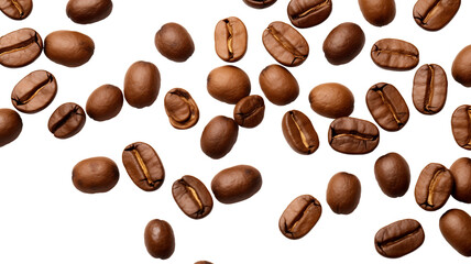 Close-up of coffee beans scattered, isolated on white background, top view