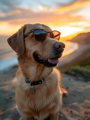 A happy dog with sunglasses