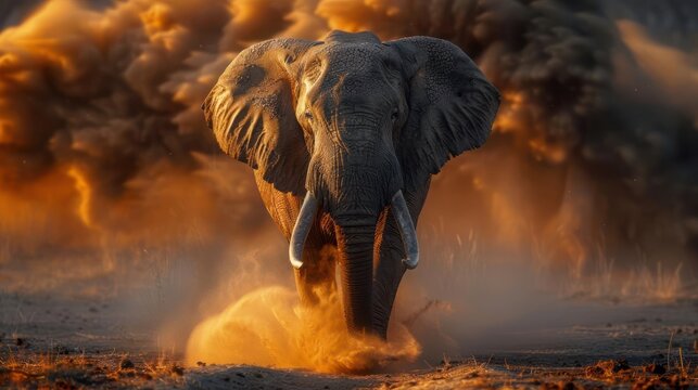 An elephant is running from an explosive blast, with smoke and debris surrounding it.
