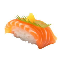 Minimalist presentation of sushi, featuring a piece of Salmon sushi with a slice of lemon, isolated on transparent background