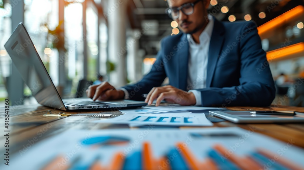 Poster business professional reviewing charts and graphs while working on a laptop in a modern office setti