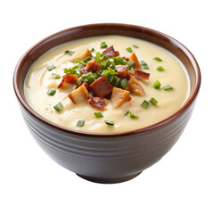 A bowl of creamy potato soup with bacon bits isolated on transparent background.