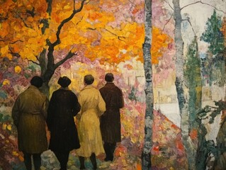 Obraz premium Vintage Painting of People Walking in Autumn Forest with Birch Trees
