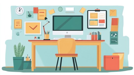 Modern Office Desk with Computer and Supplies.