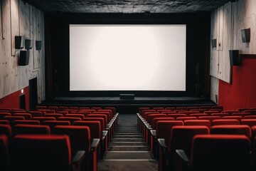 A movie theater with a large screen and red seats, White blank screen banner