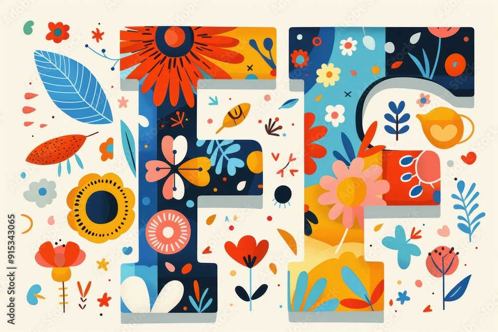 Fototapete a fun and quirky illustration of the letter f from the alphabet with playful elements and a bright c