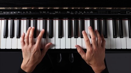 Close-up of hands playing a piano.