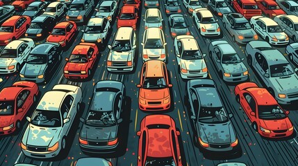 Fototapeta premium Topview Drawing of City Transportation: Panoramic Image of Rush Hour Congestion and Stress.