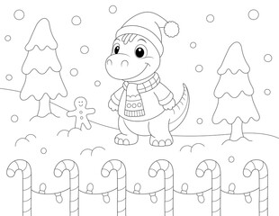 christmas candy cane coloring page. cute dinosaur in winter. ready to print on 8.5 x 11 inch paper at 300 dpi, pixels per inch for high quality printing.