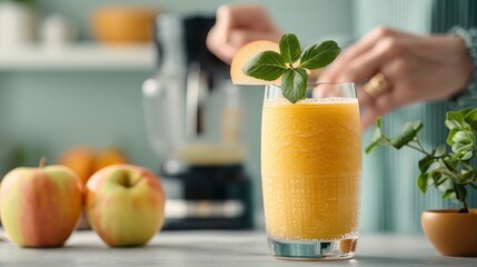 Fototapeta premium Apple juice smoothie with apple slices garnish, lively kitchen with colorful decor, blender background.