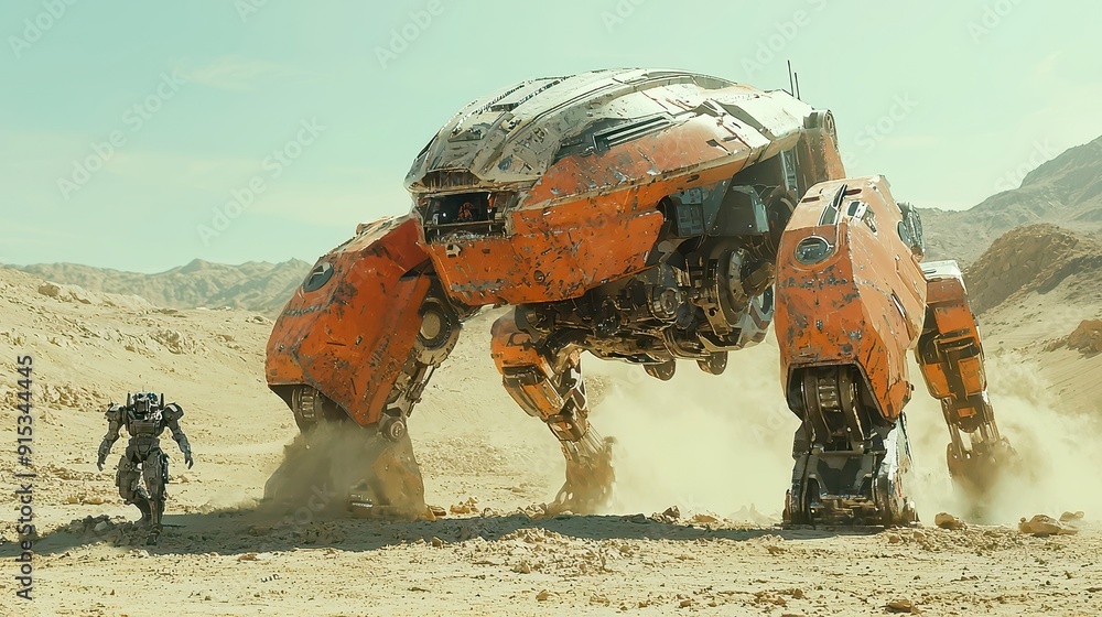 Poster agile robot vs giant opponent in wasteland, a fierce tactical battle unfolds in a desolate landscape