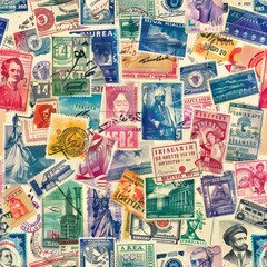 A Colorful Collage of Vintage Postage Stamps
