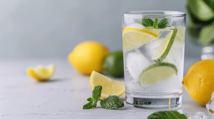 Fototapeta premium A cocktail of lemon juice and sparkling water with a twist of lime in a highball glass, perfect for a refreshing summer drink.