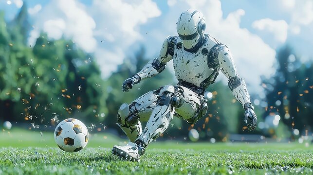Futuristic Soccer Robot Kicking Ball, humanoid robot in vibrant soccer uniform, dynamic motion on a lush green field, showcasing advanced technology in an energetic sports atmosphere