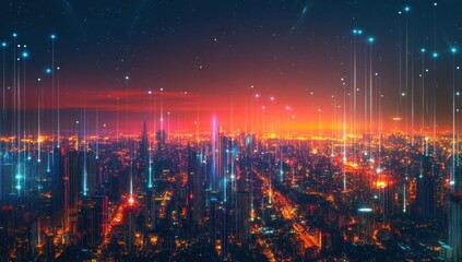 Obraz premium Futuristic Cityscape with Glowing Lines and Stars
