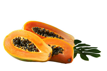 Whole and half of ripe papaya fruit with seeds on alpha background