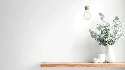 A wooden shelf showcases a black vase filled with eucalyptus, illuminated by a hanging Edison bulb in a bright, minimalist setting