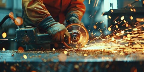 Industrial worker operating circular saw to grind metal Metalworker using disk grinder to saw metal in workshop with sparks flying from the hot workpiece