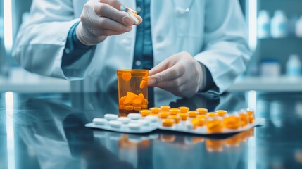 A pharmacist at a dispensary preparing tablet refills for a patient, highlighting personalized healthcare