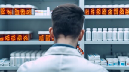 A pharmacist carefully measuring pill dosage in a modern pharmacy, emphasizing precision and care