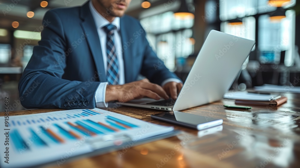 Poster business professional working on a laptop while analyzing reports in a modern office setting during 