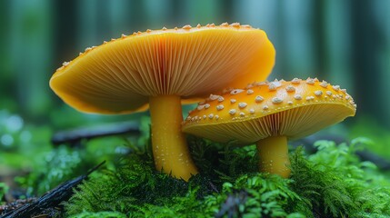 Two Yellow Mushrooms Growing on Moss in a Forest, Close-Up of Fungi with Dew Drops in a Lush Natural Setting