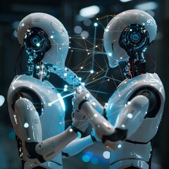 Two humanoid robots with glowing connections and advanced joints in a lab setting.