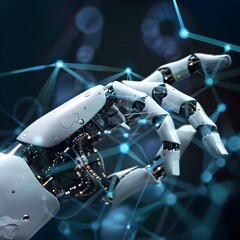 A robotic hand with intricate mechanics manipulating holographic data streams, emphasizing precision and futuristic technology.