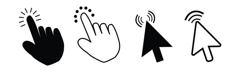 Computer mouse click pointer cursor arrow flat icon set for apps and websites. Clicking cursor, pointing hand click icon set vector illustration.