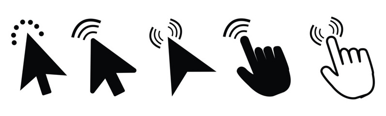 Computer mouse click pointer cursor arrow flat icon set for apps and websites. Clicking cursor, pointing hand click icon set vector illustration.