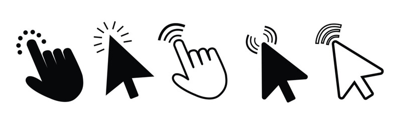 Computer mouse click pointer cursor arrow flat icon set for apps and websites. Clicking cursor, pointing hand click icon set vector illustration.