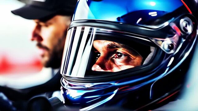 Extreme close-up portrait of a rally race car driver in helmet with his co-driver