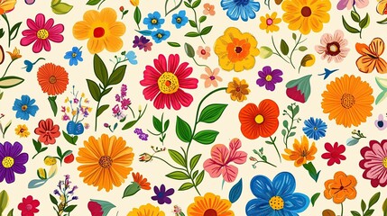 Obraz premium Colorful floral pattern with various flowers on a light background.