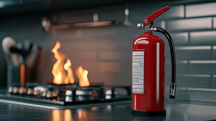 A detailed view of a red fire extinguisher mounted on a kitchen wall, emphasizing safety in a contemporary home environment