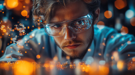 Focused male engineer in safety glasses working on a project, surrounded by sparks and glowing elements in a dynamic workshop setting.
