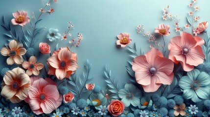 Abstract floral background in light pastel colors with 3D elements, featuring an assortment of flowers with a border and copy space