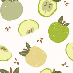Seamless pattern with green apples on white background. Vector illustration.
