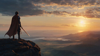 lone warrior standing on a cliff at sunset, with their cape flowing in the wind, evoking a sense of determination and solitude