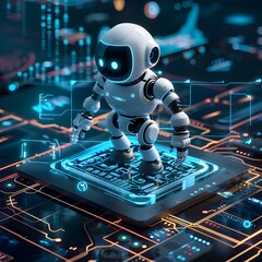 A futuristic white robot standing on an illuminated circuit board, suggesting advanced technology and AI development.