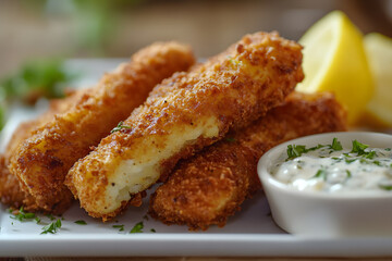 Fish sticks with lemon and tartar sauce commercial food photo