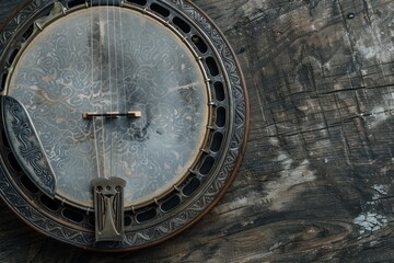Obraz premium Vintage banjo on weathered wooden background.