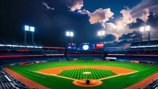 Empty baseball stadium at night with cloudy sky.