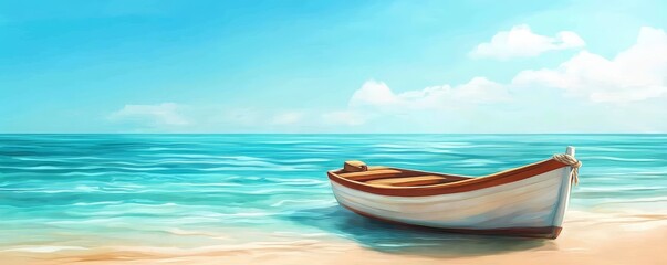 Fototapeta premium A serene boat rests on a calm beach, surrounded by crystal-clear waters and a bright blue sky, evoking peace and relaxation.