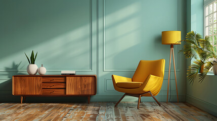 A yellow armchair sits in a sunlit living room with a wooden side table and a tall floor lamp. The walls are painted a soft teal color.