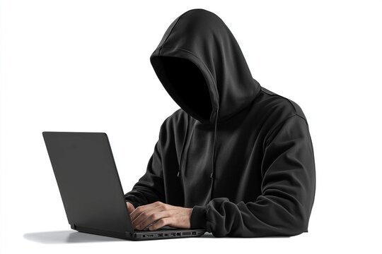 A faceless hacker in black hoodie is working on his laptop. Ai Generative
