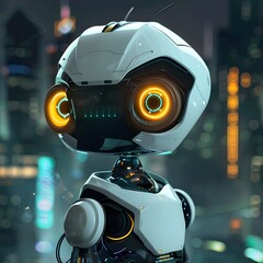 A white robot with a rounded head and glowing yellow eyes in an urban nighttime setting.