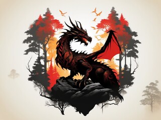 Silhouette of a Dragon filled with a forest , double exposure, crisp lines, monochrone background, black red and Gold colors, die cut sticker design , graphic tee shirt design
